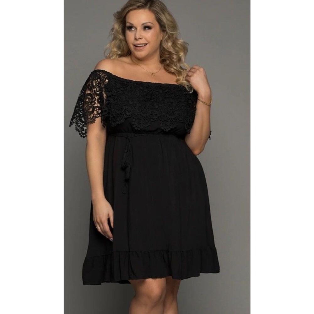 Plus Size 3X Black Lace Off-Shoulder Mini Dress - Curvy Fit & Flare (22/24)"